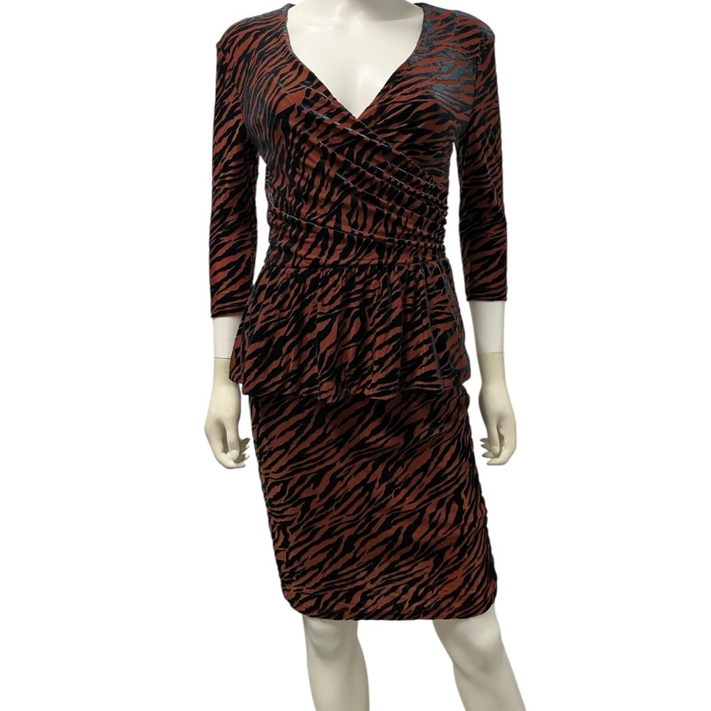 GANNI Brown Plunge Stretchy Peplum Animal Striped Stretch Bodycon Dress 38 S